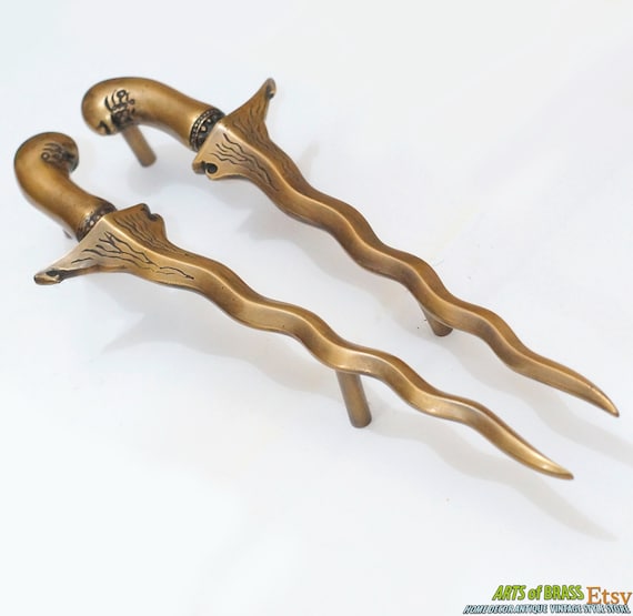 12.20" inches Set 2 pcs Vintage Old KERIS JAVA Dagger Weapon Entry Door Handle Hardware Cabinet Solid Brass Door Handle AC189