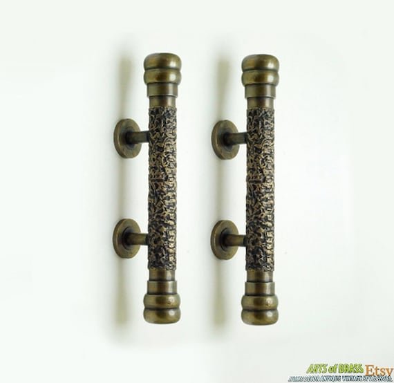 9.84" inches Set 2 pcs Vintage Retro Stone Rock ornament Pattern Detail Entry Door Handle Hardware Cabinet Solid Brass Door Handle
