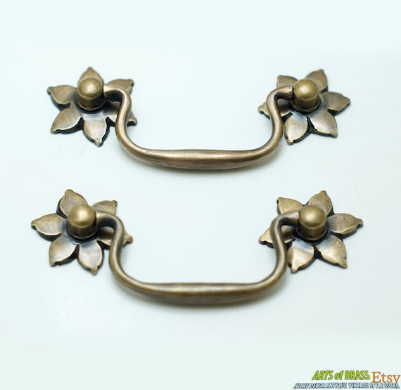 4.60" Lot of 2 pcs Vintage Double Flowers Handle Antique Cabinet Drawer Handle pulls B047
