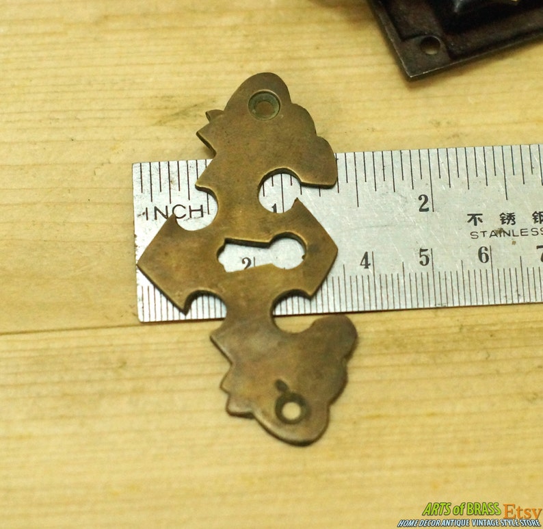 Set 2.63" Solid Brass Escutcheon WING Key Hole Plate with Key Lock and Antique SKELETON Key Vintage Decor R010 image 5
