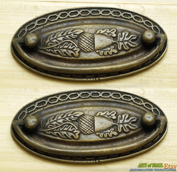 4.52" 2 pcs Large Oval Vintage Hepplewhite Fruit Plate Solid Brass Antique Cabinet Drawer Handle KNOB Pulls A114