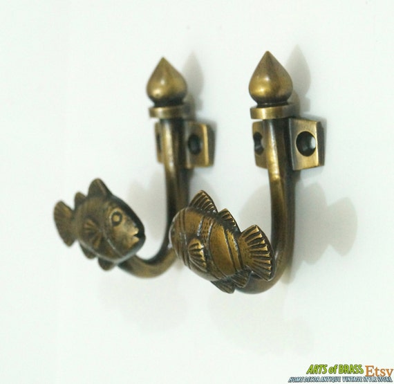 2.83" inches 2 pcs / Pair Vintage CROWN FISH Solid Brass Antique Hat Coat Strong Wall Mount HOOK Hanger