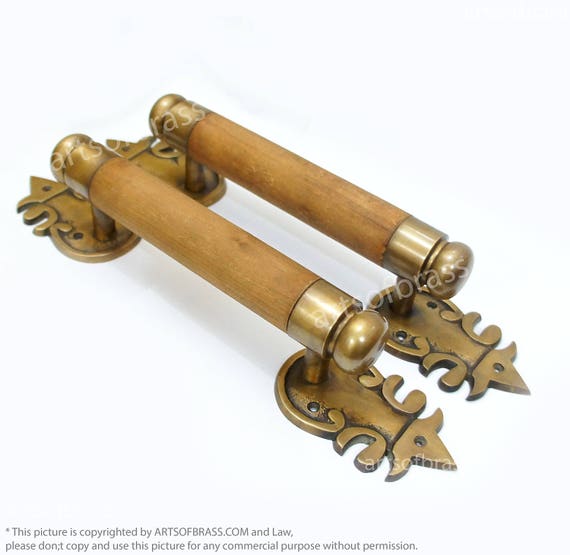 15.98" inches Set 2 pcs Vintage Western Retro Wooden Entry Door Handle Hardware Cabinet Brass Door Handle Pulls AC014