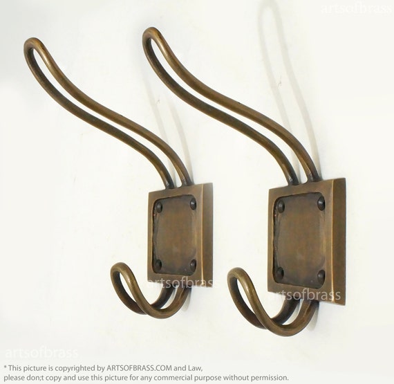 6.50" Lot of 2 pcs Vintage Solid Brass Double HOOK Hanger Wall Mount Strong Hook Antique Brass Wall Coat Hat Hooks U026