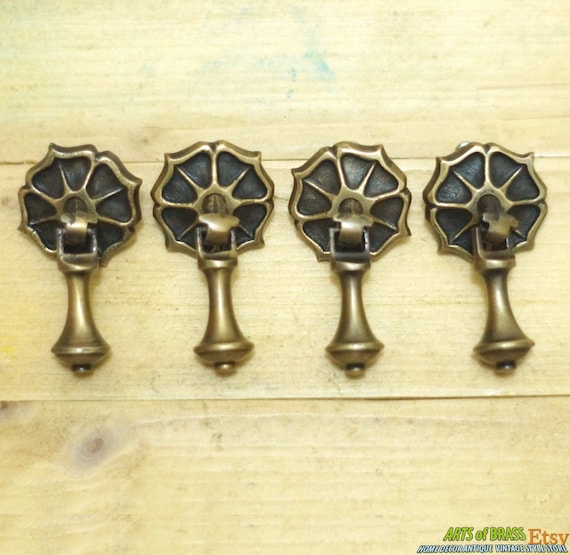 2.36" Lot of 4 pcs Vintage Knob Lucky Four Leaf Flower Cudgel Pull Solid Brass Knob Antique Cabinet Brass Knob Drawer Pulls E015
