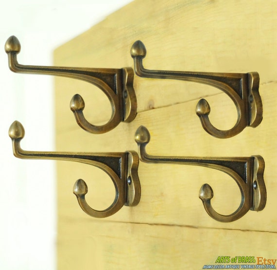 3.22" inches 4 pcs Vintage Art Deco Frame of Fire Strong Solid Brass Antique Coat Hat Wall Mount Hook Hanger