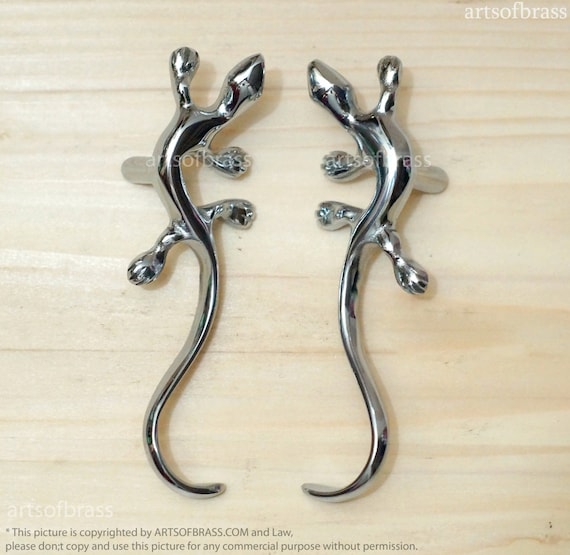4.84" inches Pair 2 pcs CHROME Finishing LIZARD Gecko Solid Brass Cabinet Brass KNOB Drawer Pulls