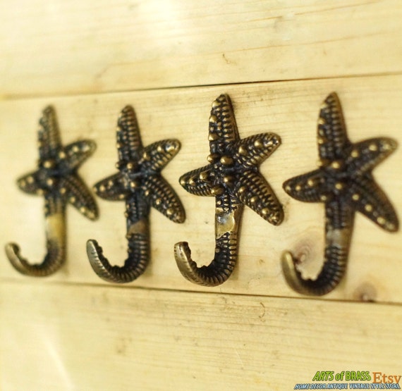 Lot of 4 pcs Solid Brass Vintage STARFISH Hat Coat Antique Wall Mount HOOK