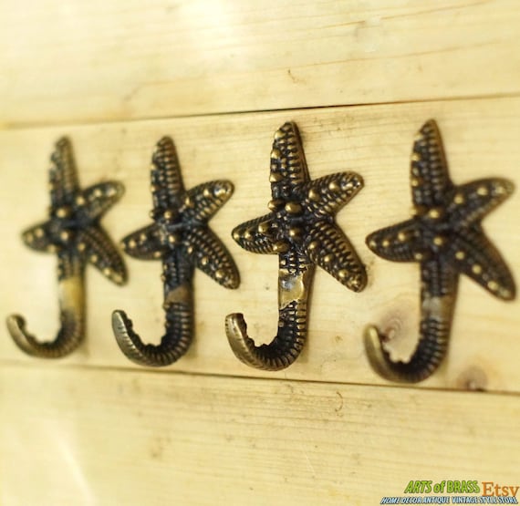 Lot of 4 pcs Solid Brass Vintage STARFISH Hat Coat Antique Wall Mount HOOK