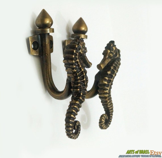 4.01" inches 2 pcs / Pair Vintage Sea Horse Solid Brass Antique Hat Coat Strong Wall Mount HOOK Hanger