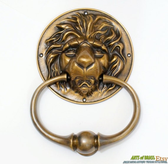 9.64" inches Vintage Solid Brass Round LION King Head Front Door KNOCKER with Pull Ring Knocker Door Protector P163
