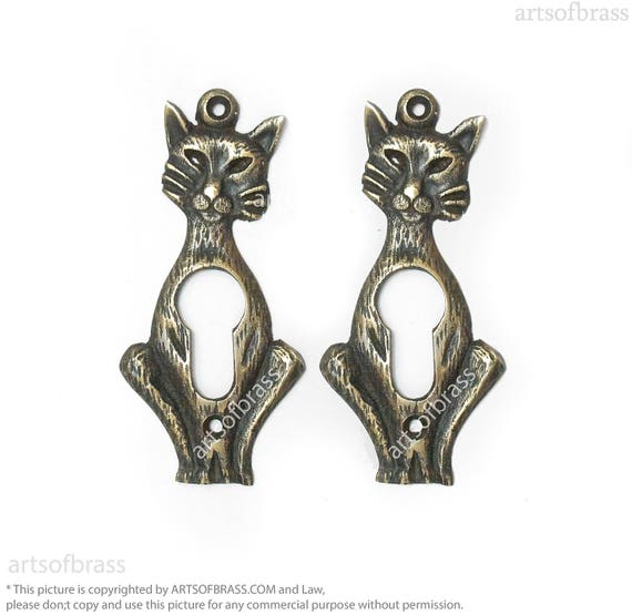 4.01" inches 2 pcs Vintage Solid Brass CAT lover Keyhole Cover Plate Main door Vintage Keyhole Mounting Plate
