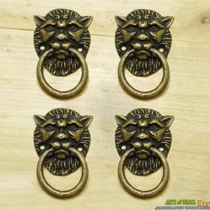 Lot of 4 pcs Vintage LION Head Small Antique Solid Brass Round Cabinet Door Handle Knob Drawer pulls P.054