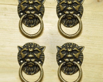 Lotto di 4 pomelli per porta di armadietto rotondi in ottone massiccio antico, a forma di testa di leone, vintage, P.054