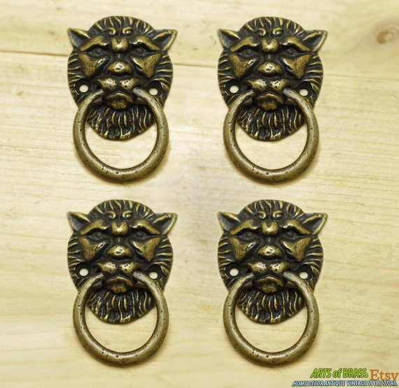 Lot of 4 pcs Vintage LION Head Small Antique Solid Brass Round Cabinet Door Handle Knob Drawer pulls P.054