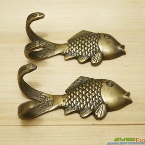 Lot of 2 Pcs HOOK Vintage Solid Brass GOLDFISH Antique Wall Mount Coat Hat HOOK