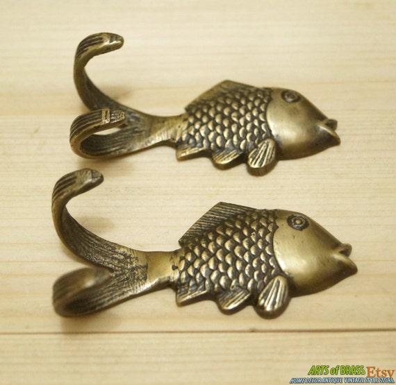 Lot of 2 Pcs HOOK Vintage Solid Brass GOLDFISH Antique Wall Mount Coat Hat HOOK