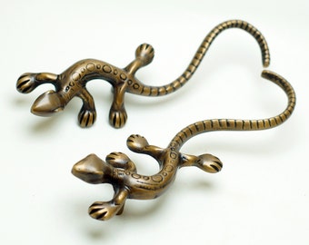 7.95" inches Pair 2 pcs Vintage Detail GECKO LIZARD Solid Brass Cabinet Brass KNOB Drawer Pull Handle C110