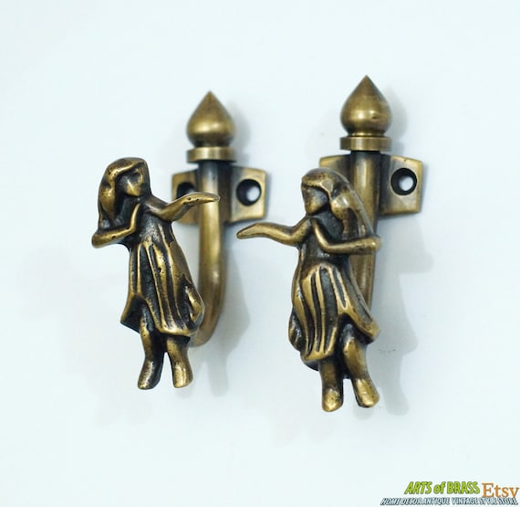 3.42" inches 2 pcs / Pair Vintage HAWAIIAN Hula Hula GIRL Solid Brass Antique Hat Coat Strong Wall Mount HOOK Hanger