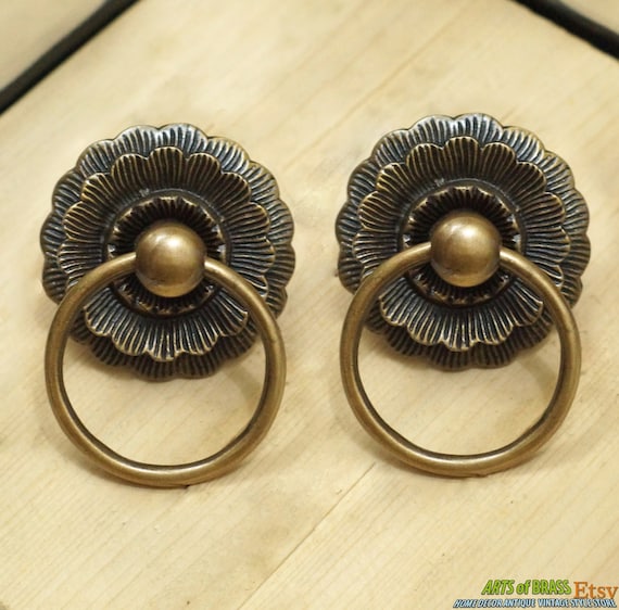 2.67" Inches 2 pcs Vintage LOTUS Flowers Antique Cabinet Door Drawer Round Pull Handle KNOB