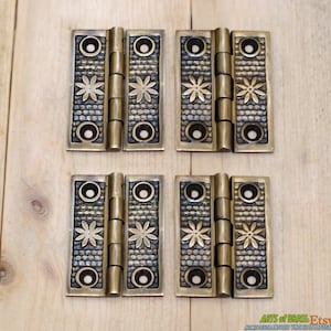 Solid Brass Flower Leaf Hinge Vintage Cabinet Door Hinges - Set of 4 Pieces