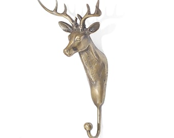10.23" inches Solid Brass Vintage Fine Large DEER Wall Hook Animal Head Strong Coat hook, Hat Hook, Bathroom Hook, Deer Wall Art Decor