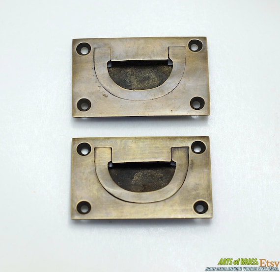 2.55" inches 2 pcs Vintage Flush Lift Handle Solid Brass Antique Cabinet Drawer Door KNOB Pulls H003