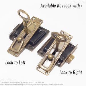 May include: Two antique brass keyhole locks with keys. The lock on the left is labeled "Lock to Left" and the lock on the right is labeled "Lock to Right".