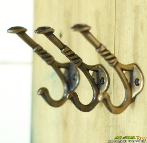 3.54" inches 3 pcs Vintage Art Nouveau Solid Brass Antique Coat Hat Wall Mount Hook Hanger u022
