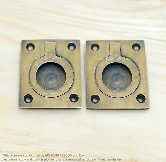 2.36" Inches Lot of 2 pcs Vintage Flush Lift Handle Solid Brass Antique Cabinet Drawer Door KNOB Pulls H00