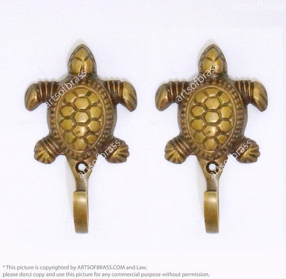 3.14" inches Lot of 2 pcs Solid Brass Vintage Galapagos TURTLE Detail Hat Coat Strong Wall Mount HOOK U146