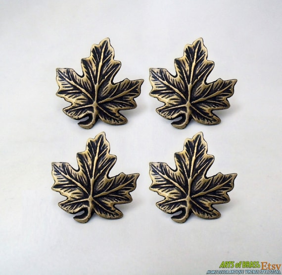 Lot of 4 pcs Vintage Autumn LEAF Leaves Cabinet Door Solid Brass KNOB Pulls
