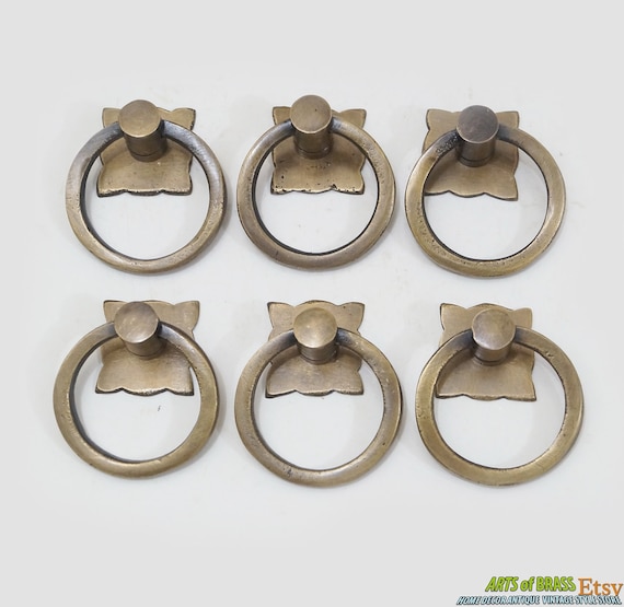 Lot of 6 pcs Vintage Round Ring Pull Solid Brass Antique Cabinet Drawer KNOB Pulls P008