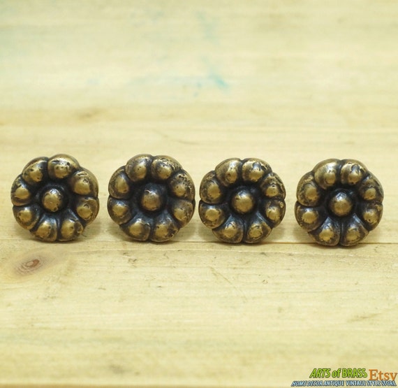 Lot of 4 pcs Vintage Lotus shoot Flowers Bud Antique Round Cabinet Door Solid Brass KNOB Drawer Pull N163