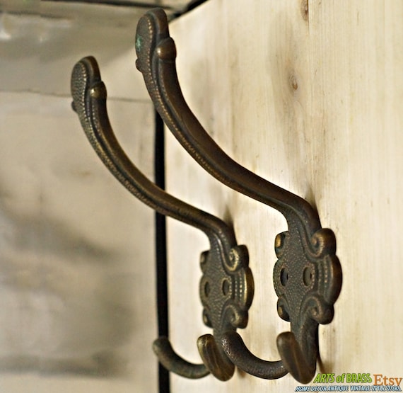 6.10" Pair 2 pcs Vintage VICTORIAN Theressa Antique Solid Brass Hat Coat Strong Wall HOOK U025