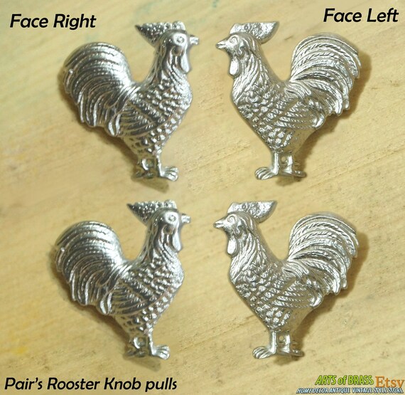 2 pairs / 4 PCS Vintage ROOSTER Farm Cabinet Door Solid Brass KNOB Drawer Pulls with Dope Chrome Finishing