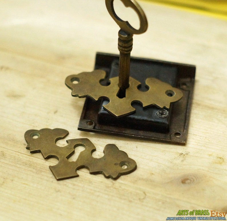 Set 2.63" Solid Brass Escutcheon WING Key Hole Plate with Key Lock and Antique SKELETON Key Vintage Decor R010 image 2