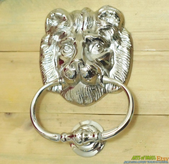 CHROME Finish 6.22" Inches Antique Vintage Solid Brass Lion King Head front Door KNOCKER with Pull Ring Knocker Door Protector
