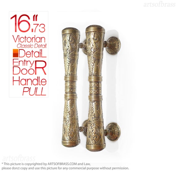16.73" inches Set Large Vintage Victorian Classic Detail Entry Door Brass Door Handle Pulls