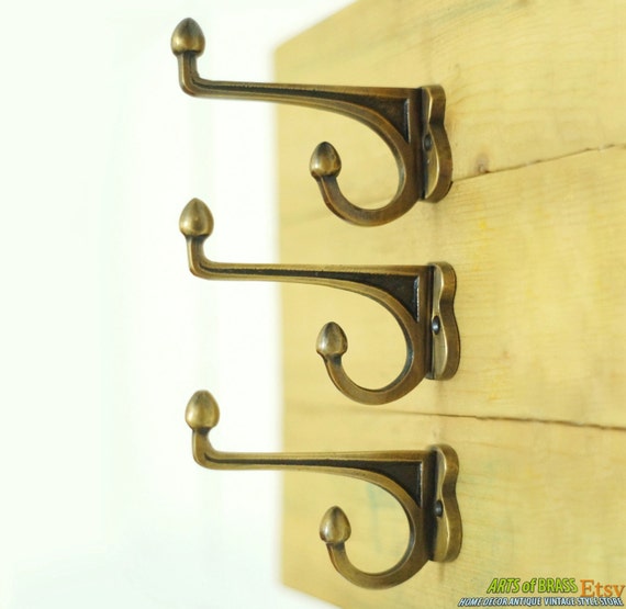 3.22" inches 3 pcs Vintage Art Deco Frame of Fire Strong Solid Brass Antique Coat Hat Wall Mount Hook Hanger