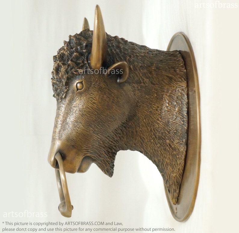 May include: A bronze bison head wall mount with a ring on the nose. The bison is facing to the right and has a detailed, textured surface.
