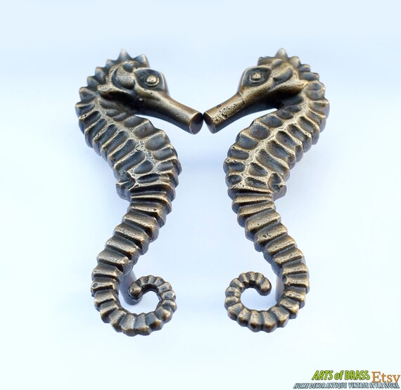 6.02" inches Pair set Right & Left BIG SEAHORSE Cabinet handle Solid Brass KNOB antique Drawer Pull C142
