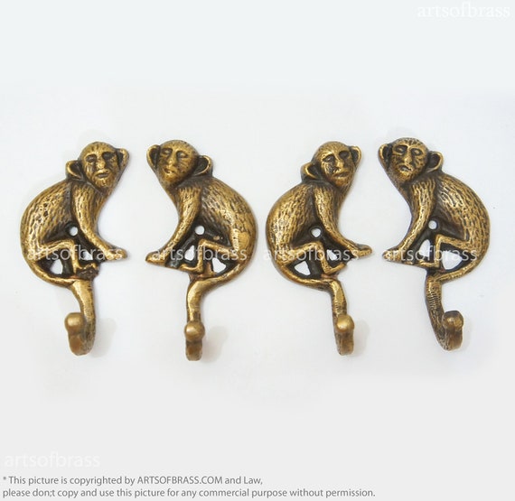 2.83" inches 2 pairs Vintage Retro Forest Monkey Solid Brass Animal Wall Hooks Coat hat Hooks U128