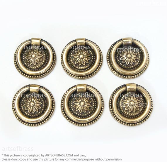 Lot of 6 pcs Vintage Brass Victorian Floral Round Ring Pull Cabinet Drawer Dresser Handle round Knob Pulls