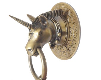 4.72" inches Vintage Brass Horse Unicorn Ring Pull, Fantasy Brass Door pulls, Cabinet Knob Pull Handle | Door Knocker