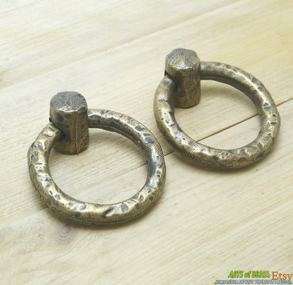 Lot of 2 pcs Vintage Ring in wrought Solid Brass Cabinet Door Brass Round KNOB Drawer Pulls P039