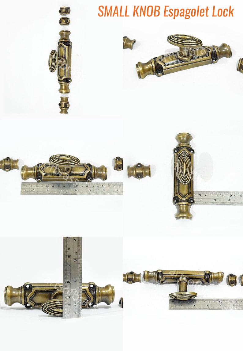 May include: Antique brass espagnolet lock with a small round knob. The lock is about 4 inches long and has a decorative design. The lock is made of metal and has a polished finish.