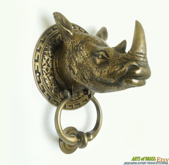 7.87" inches Vintage Antique RHINO African Animal Head Door Knocker Cast Solid Brass P179