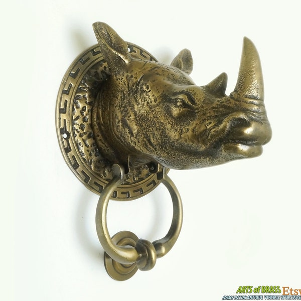 7.87" inches Vintage Antique RHINO African Animal Head Door Knocker Cast Solid Brass P179