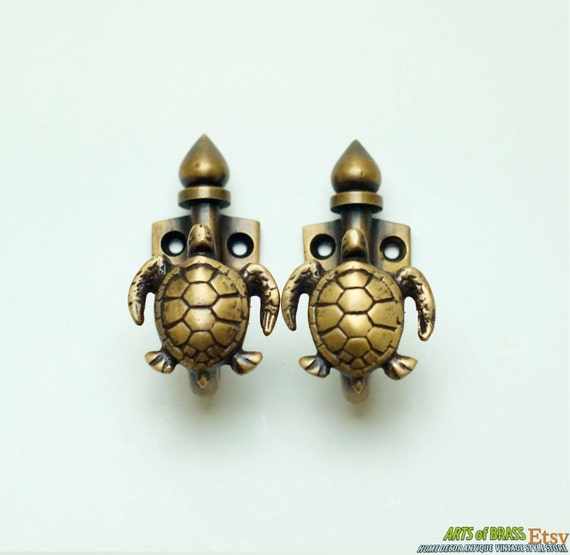 2.99" inches 2 Vintage Solid Brass Turtle Wall Mount Hooks, Hat Coat Hangers